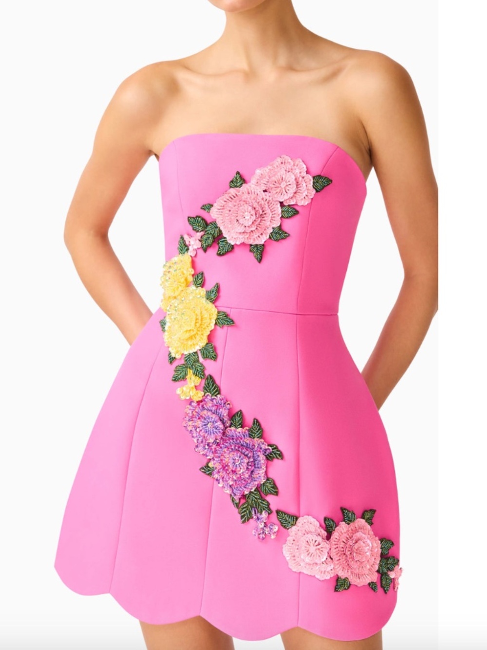 Elliatt Laurentia Tulip Mini Dress Fuchsia Pink Scalloped Floral Sequin - SMALL